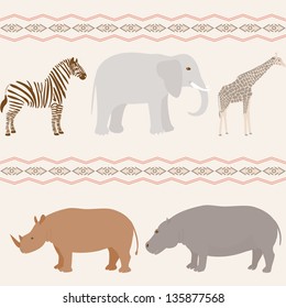 Seamless pattern with african animals on wavy background