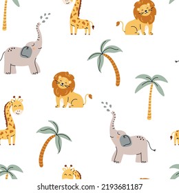 Seamless Pattern with african animals on white background. Safari childish seamless pattern with lion, elephant, giraffe with green palm trees on white background.