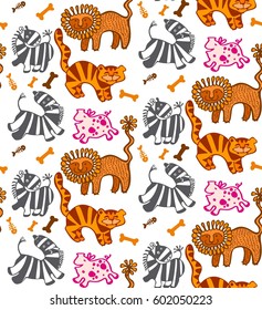 seamless pattern of African animals in orange, pink and grey.