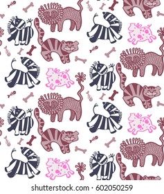 seamless pattern of African animals in pink and blue.