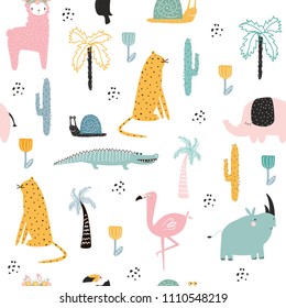 Seamless pattern with African animals and plants. Vector hand drawn illustration.