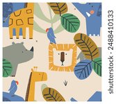  Seamless pattern with African animals, and plants.Lion, elephant, giraffe, parrot , rhinoceros. Hand drawn vector illustration. For kids