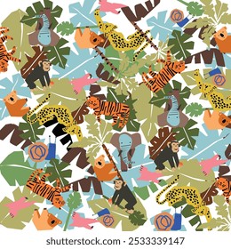 Seamless pattern with African animals, and plants.Lion, elephant, giraffe, parrot , rhinoceros. Hand drawn vector illustration. For kids