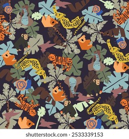 Seamless pattern with African animals, and plants.Lion, elephant, giraffe, parrot , rhinoceros. Hand drawn vector illustration. For kids