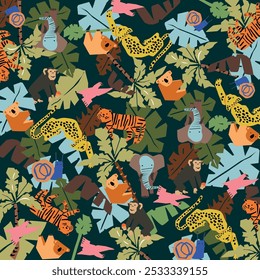 Seamless pattern with African animals, and plants.Lion, elephant, giraffe, parrot , rhinoceros. Hand drawn vector illustration. For kids