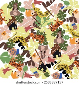 Seamless pattern with African animals, and plants.Lion, elephant, giraffe, parrot , rhinoceros. Hand drawn vector illustration. For kids