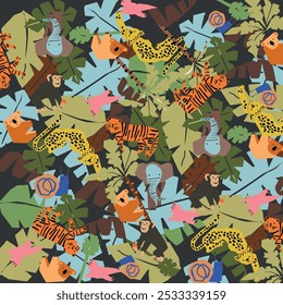 Seamless pattern with African animals, and plants.Lion, elephant, giraffe, parrot , rhinoceros. Hand drawn vector illustration. For kids