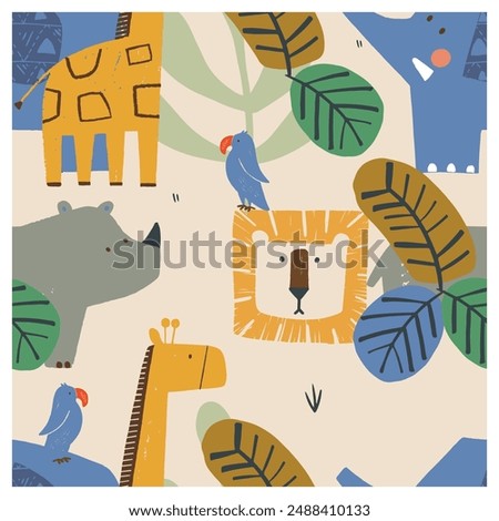  Seamless pattern with African animals, and plants.Lion, elephant, giraffe, parrot , rhinoceros. Hand drawn vector illustration. For kids