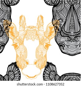 Seamless pattern with African animals. A rhinoceros and a giraffe. Doodling, mandala pattern. Drawing by hand. Stylish background.