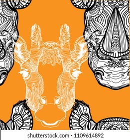Seamless pattern with African animals. A rhinoceros and a giraffe. Doodling, mandala pattern. Drawing by hand. Stylish background.