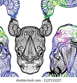 Seamless pattern with African animals. A rhinoceros. Doodling, mandala pattern. Drawing by hand. Stylish background.