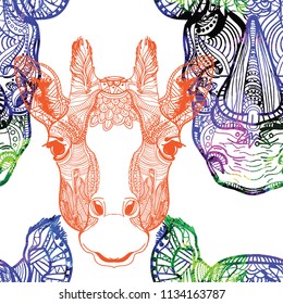 Seamless pattern with African animals. A rhinoceros and a giraffe. Doodling, mandala pattern. Drawing by hand. Stylish background.