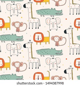 seamless pattern with African animals in Scandinavian style. hand drawn vector illustration. giraffe,elephant,crocodile,monkey.