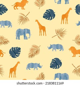 Seamless pattern with African animals silhouettes and tropical leaves. Safari vector watercolor illustration.