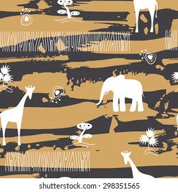 Seamless pattern with African animals silhouettes. Vector Illustration.