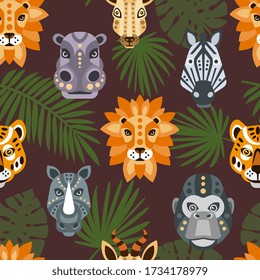 Seamless Pattern with African Animals and Tropical Leaves, Zebra, Lion, Rhinoceros, Monkey, Lion Geometrical Heads, Design Element Can Be Used for Fabric, Wallpaper, Packaging Vector Illustration