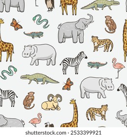Seamless pattern with African animals. Vector hand drawn illustration.