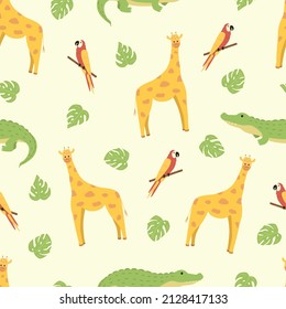 Seamless pattern African animals wallpaper for kids with cute funny cartoon animals