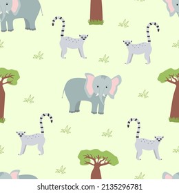 Seamless pattern African animals wallpaper for kids with cute funny cartoon animals.