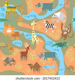 Seamless pattern with African animals, which are made up of simple geometric shapes, on a background stylized as a geographic map