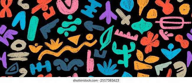 Patrón sin fisuras con Elementos africanos, aztecas, símbolos, iconos, dibujado a mano en estilo doodle. Conjunto de Formas geométricas tribales africanas abstractas, símbolos étnicos tradicionales y signos ornamentados.
