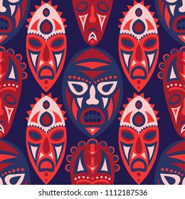 Seamless Pattern. African Seamless Background with Ritual Masks for Poster or Banner. Ethnic Seamless Pattern with Color Trible Shamanic Masks for your Design. Vector Texture.