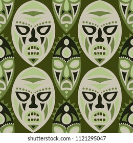 Seamless Pattern. African Seamless Background with Ritual Masks for Poster or Banner. Ethnic Seamless Background with Color Tribe Ritual Masks for your Design. Vector Texture.