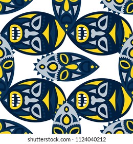 Seamless Pattern. African Seamless Background with Ritual Masks for Textile or Paper. Ethnic Seamless Background with Color Trible Ritual Masks for your Design. Vector Texture.