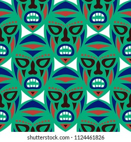 Seamless Pattern. African Seamless Background with Ritual Masks for Textile or Paper. Ethnic Seamless Pattern with Color Trible Shamanic Masks for your Design. Vector Texture.