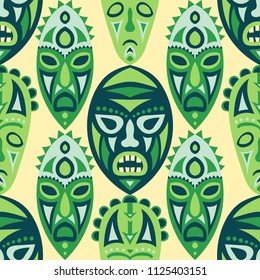Seamless Pattern. African Seamless Background with Ritual Masks for Poster or Banner. Ethnic Seamless Pattern with Color Trible Shamanic Masks for your Design. Vector Texture.