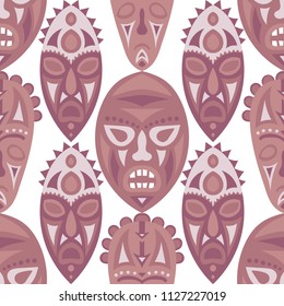 Seamless Pattern. African Seamless Background with Ritual Masks for Textile or Paper. Ethnic Seamless Pattern with Color Trible Shamanic Masks for your Design. Vector Texture.