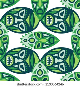Seamless Pattern. African Seamless Background with Ritual Masks for Print or Card. Ethnic Seamless Background with Color Trible Ritual Masks for your Design. Vector Texture.