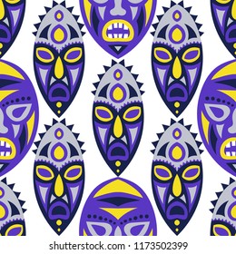 Seamless Pattern. African Seamless Background with Ritual Masks for Card or Poster. Ethnic Seamless Pattern with Color Trible Shamanic Masks for your Design. Vector Texture.