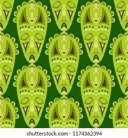 Seamless Pattern. African Seamless Background with Ritual Masks for Textile or Paper. Ethnic Seamless Background with Color Trible Ritual Masks for your Design. Vector Texture.