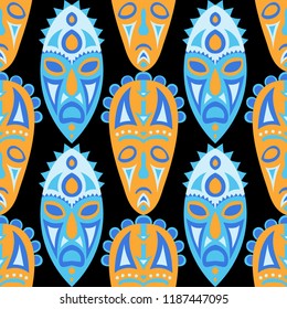 Seamless Pattern. African Seamless Background with Ritual Masks for Textile or Paper. Ethnic Seamless Pattern with Color Trible Shamanic Masks for your Design. Vector Texture.
