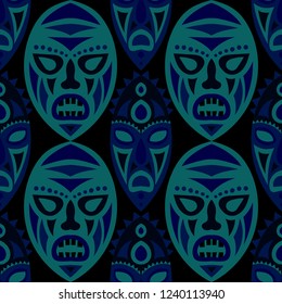 Seamless Pattern. African Seamless Background with Ritual Masks for Poster or Banner. Ethnic Seamless Pattern with Color Trible Shamanic Masks for your Design. Vector Texture.