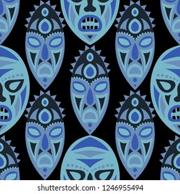 Seamless Pattern. African Seamless Background with Ritual Masks for Textile or Paper. Ethnic Seamless Pattern with Color Trible Shamanic Masks for your Design. Vector Texture.