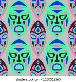 Seamless Pattern. African Seamless Background with Ritual Masks for Poster or Banner. Ethnic Seamless Pattern with Color Trible Shamanic Masks for your Design. Vector Texture.