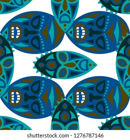Seamless Pattern. African Seamless Background with Ritual Masks for Textile or Paper. Ethnic Seamless Pattern with Color Trible Shamanic Masks for your Design. Vector Texture.