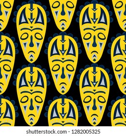 Seamless Pattern. African Seamless Background with Ritual Masks for Poster or Banner. Ethnic Seamless Background with Color Trible Ritual Masks for your Design. Vector Texture.