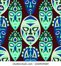 Seamless Pattern. African Seamless Background with Ritual Masks for Textile or Paper. Ethnic Seamless Pattern with Color Trible Shamanic Masks for your Design. Vector Texture.