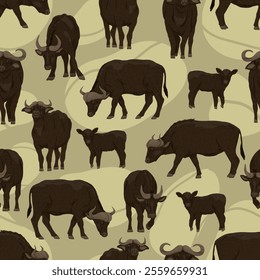 Seamless pattern with African buffalo. Buffalo and their calves stand and walk. Realistic vector animals of Africa