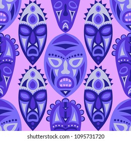 Seamless Pattern. African Seamless Pattern with Color Masks for Textile or Paper. Ethnic Seamless Pattern with Color Trible Shamanic Masks for your Design. Vector Texture.