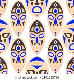 Seamless Pattern. African Seamless Pattern with Color Masks for Card or Poster. Ethnic Seamless Pattern with Color Trible Shamanic Masks for your Design. Vector Texture.