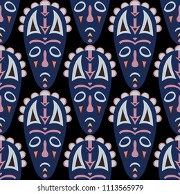 Seamless Pattern. African Seamless Pattern with Color Masks for Textile or Paper. Ethnic Seamless Background with Color Trible Ritual Masks for your Design. Vector Texture.