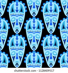 Seamless Pattern. African Seamless Pattern with Color Masks for Card or Poster. Ethnic Seamless Background with Color Trible Ritual Masks for your Design. Vector Texture.