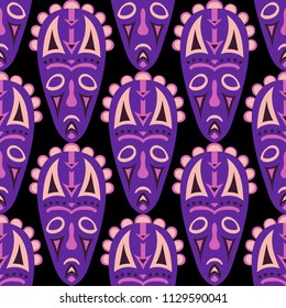 Seamless Pattern. African Seamless Pattern with Color Masks for Print or Card. Ethnic Seamless Pattern with Color Trible Shamanic Masks for your Design. Vector Texture.