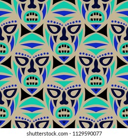 Seamless Pattern. African Seamless Pattern with Color Masks for Card or Poster. Ethnic Seamless Pattern with Color Trible Shamanic Masks for your Design. Vector Texture.