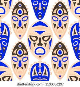 Seamless Pattern. African Seamless Pattern with Color Masks for Poster or Banner. Ethnic Seamless Background with Color Trible Ritual Masks for your Design. Vector Texture.