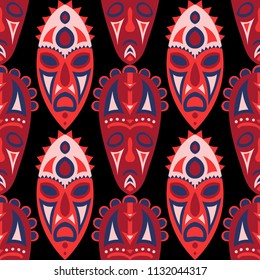 Seamless Pattern. African Seamless Pattern with Color Masks for Print or Card. Ethnic Seamless Pattern with Color Trible Shamanic Masks for your Design. Vector Texture.